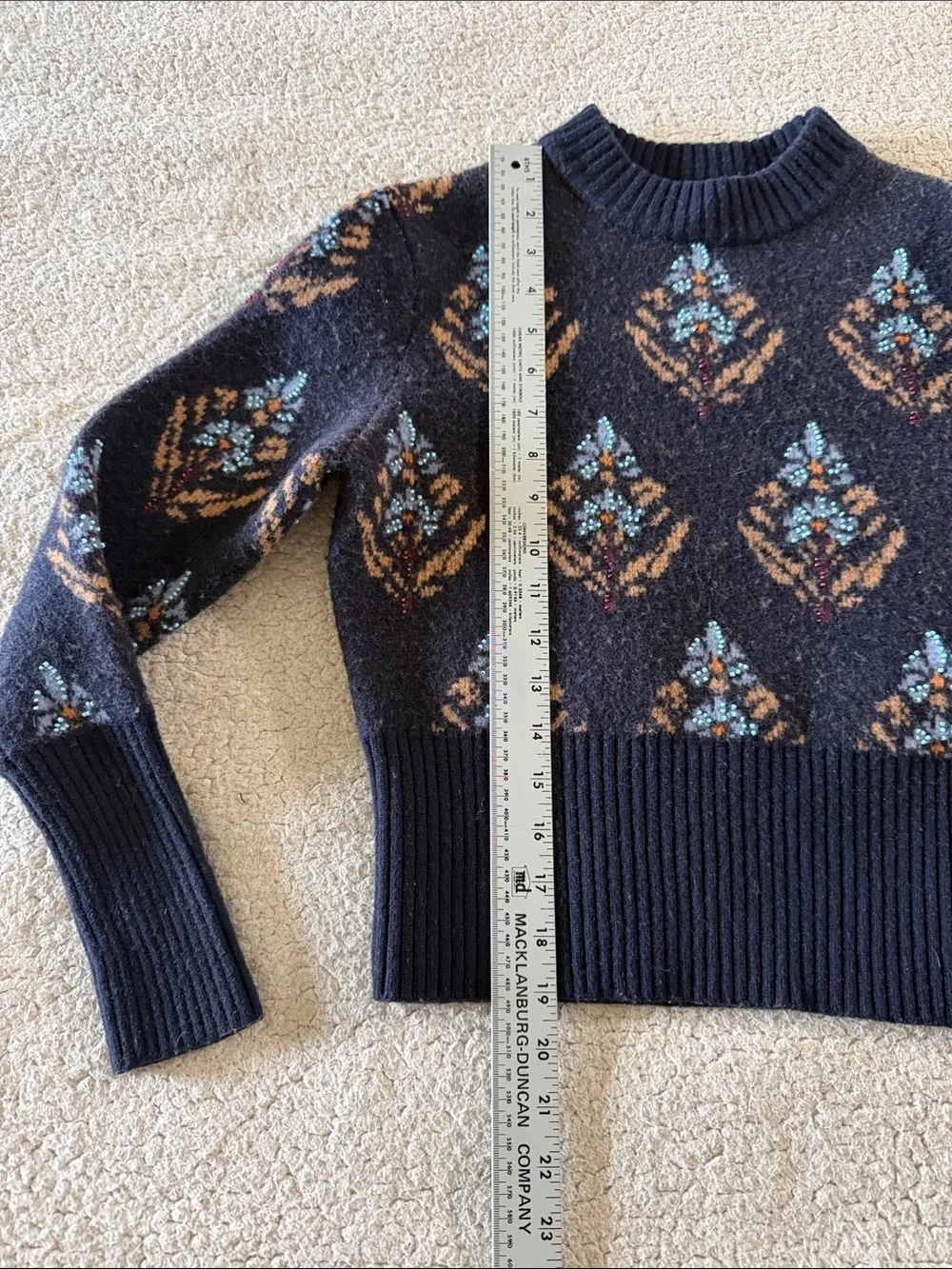 Tory Burch 100% Wool Beaded Navy Crewneck Sweater with Light Blue and Tan Motifs